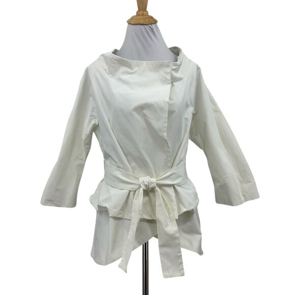 Jarbo Blouse Womens 38 White Crepe Fabric 3/4 Sleeve Tie Waist Tulip Layered - Picture 1 of 15